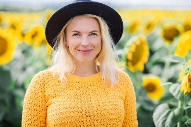 Beautiful cute sexy girl in a yellow sweater and black hat