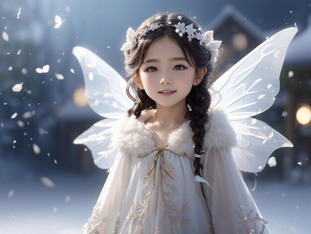 Beautiful cute snow fairy flying