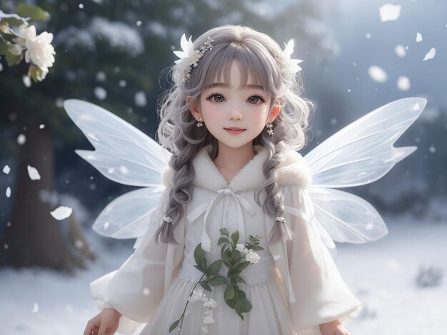 Beautiful cute snow fairy flying