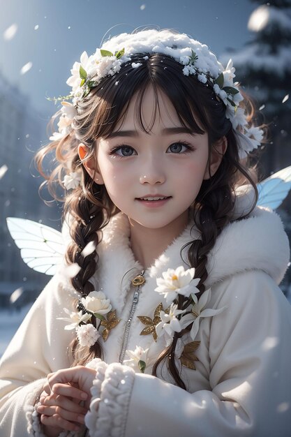 Beautiful cute snow fairy flying