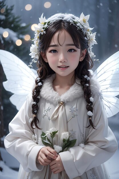 Beautiful cute snow fairy flying