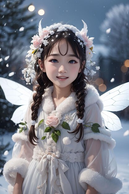 Beautiful cute snow fairy flying