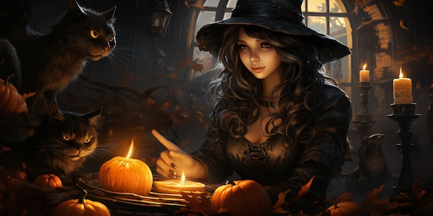 Beautiful and Cute Witch Girl with Black Dress and Witch Hat on a Creepy Halloween Theme Background