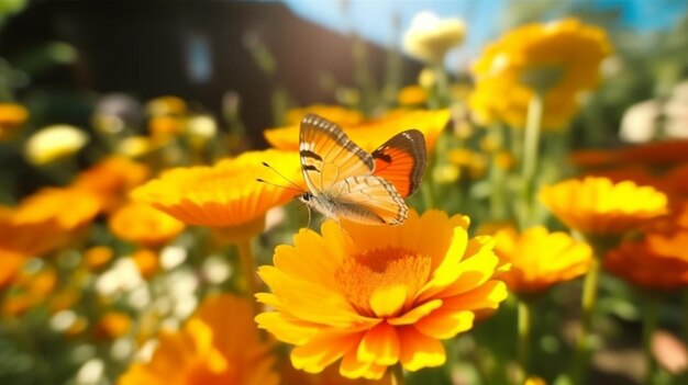 Beautiful cute yellow butterfly on orange flower in na generative ai