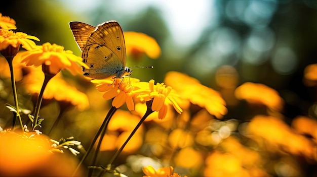 Beautiful cute yellow butterfly on orange flower in nature