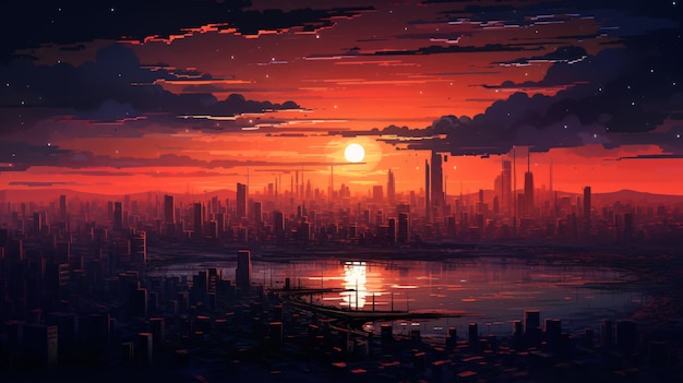Beautiful cyberpunk cityscape with a sunset glitchy