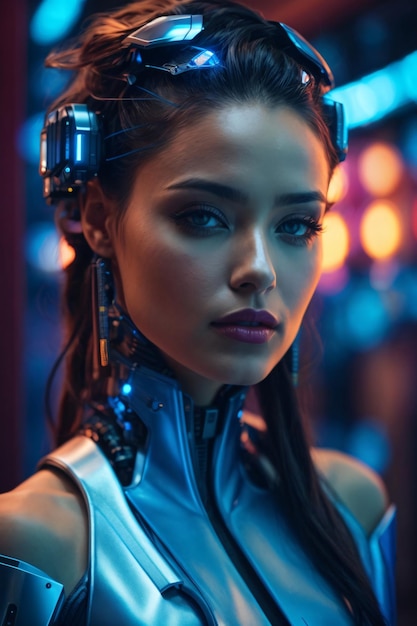 Photo beautiful cyberpunk girl half human and half robot with blue neon effects