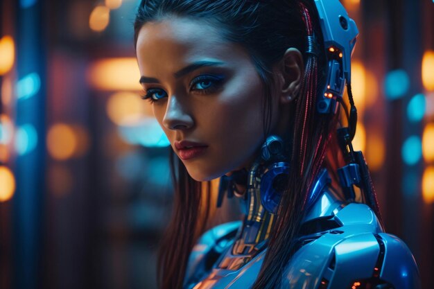 Beautiful cyberpunk girl half human and half robot with blue neon effects