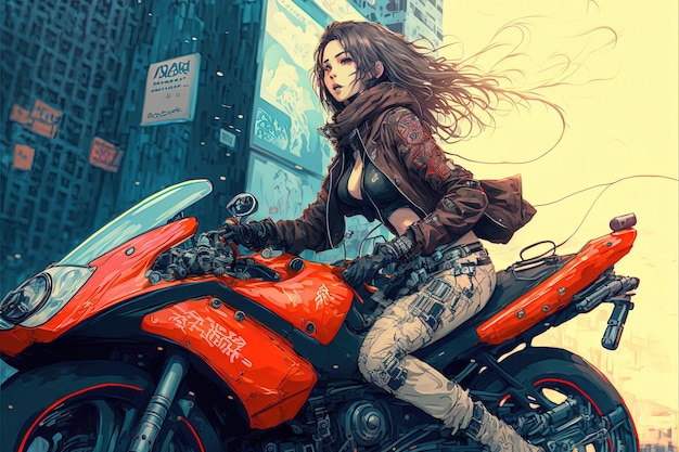 Beautiful Female Cyberpunk Girl on Futuristic Motorbike · Creative