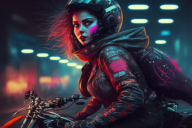 Beautiful cyberpunk girl riding a futuristic motorbike in a futuristic city Generative AI Generative AI