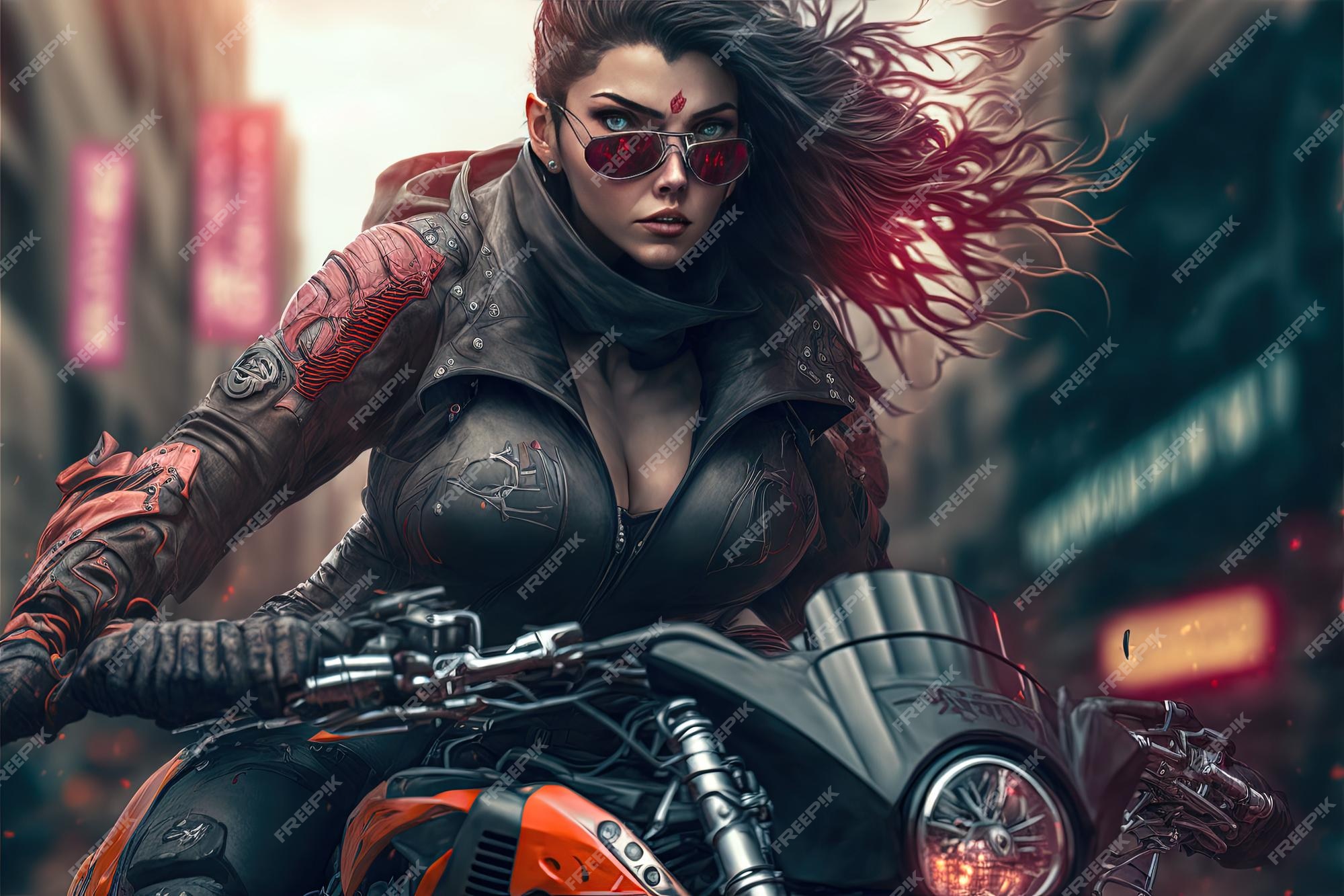 Beautiful Female Cyberpunk Girl on Futuristic Motorbike · Creative