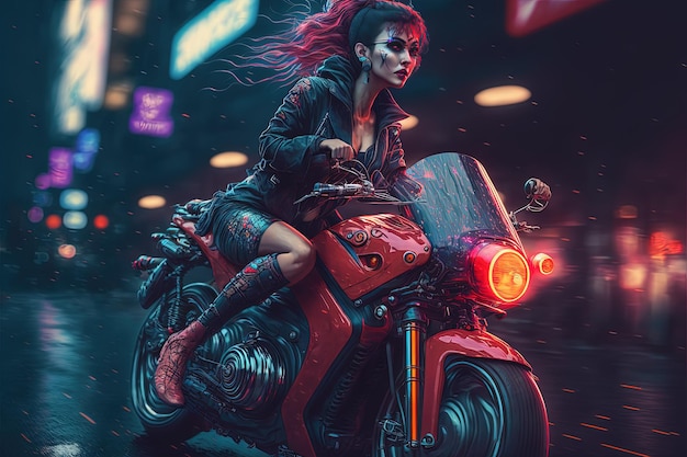 Beautiful cyberpunk girl riding a futuristic motorbike in a futuristic city Generative AI Generative AI