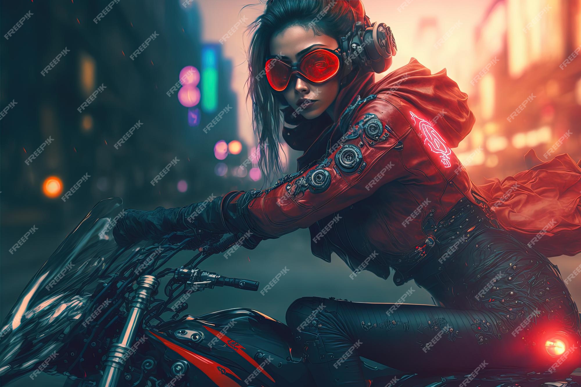 Wallpaper : ai art, cyberpunk, city, women, Biker girl 3136x1792