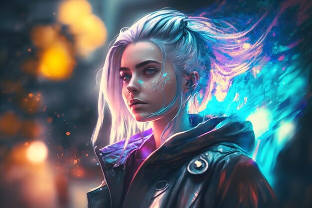 A beautiful cyberpunk girl stands against the backdrop of the night city of the future Cyberpunk concept Neural network AI generated