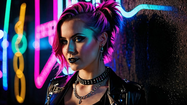 A beautiful cyberpunk girl stands against the backdrop of the night city of the future