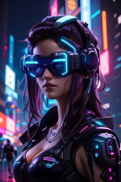 Photo a beautiful cyberpunk girl in a virtual reality augmented reality world with vr headset