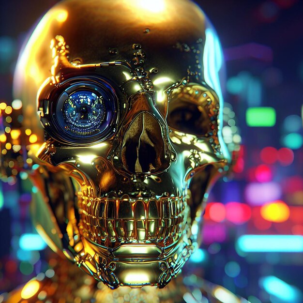 Beautiful Cyberpunk golden Skull Illustration Image Wallpaper ai colourful science fiction sunglass