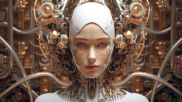 Foto bella ragazza cyborg con connessioni e background tecnologico ai generativa