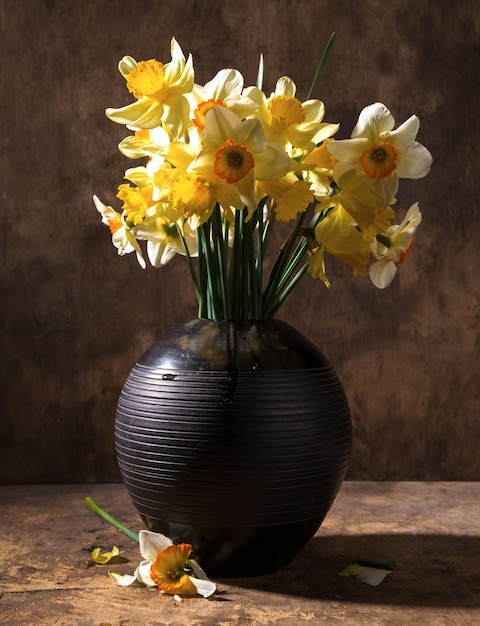 Beautiful daffodils in black vase on a wooden background on a wooden background