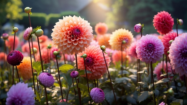 美しいダリアの花の庭の自然風景の画像 ジェネレーティブAI