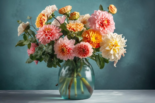 Красивые цветы георгин на бирюзовом фоне Праздничный цветочный фон Генерирующая иллюстрация AI