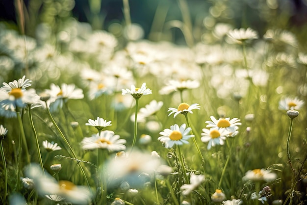 Beautiful daisies on green meadow in sunlight Nature background Generative AI