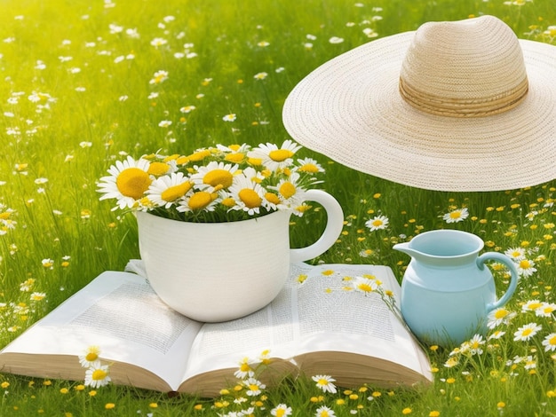 beautiful daisies in white cup book braided hat in summer garden