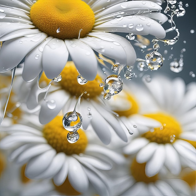 美しいデイジー花は光を放つ 水滴の粒子を放つ