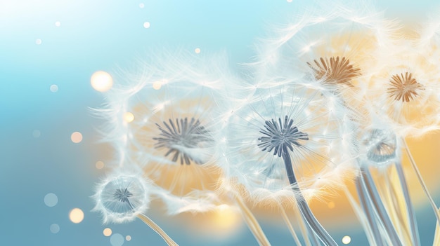 Beautiful dandelion in field with yellow blue light background