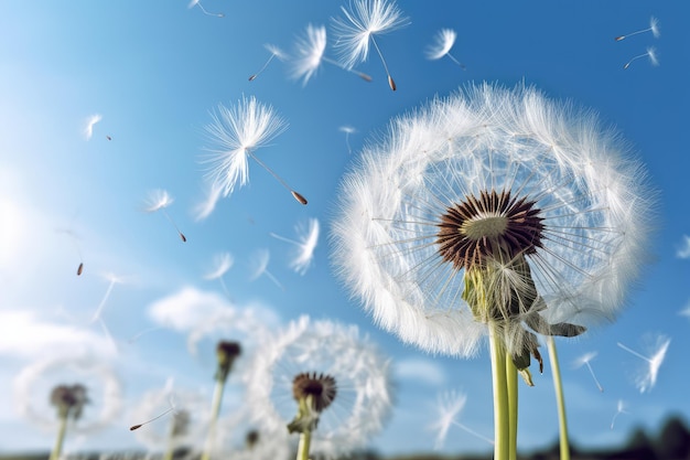 Beautiful Dandelion With Seeds Blowing Away Blue Sky on background AI