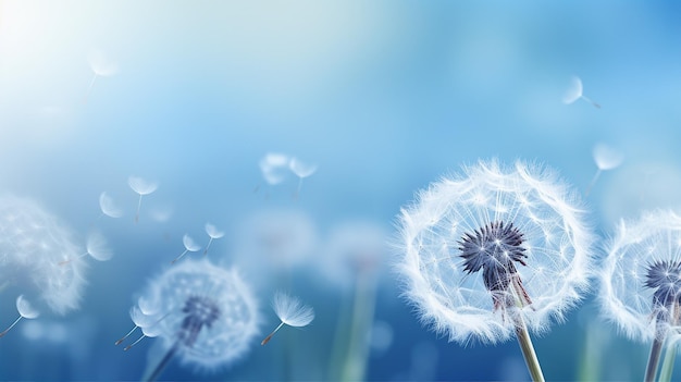 Beautiful dandelions blue summer background macro