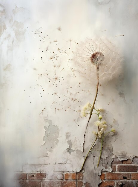 美しいタンポポとベージュ色の背景に飛んでいる種子