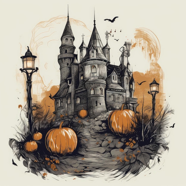 Beautiful dark castle with tower autumn three realistic isolated Halloween pumpkins