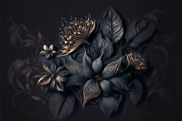 Beautiful dark exotic flowers Luxurious flowers and dark ink patterns