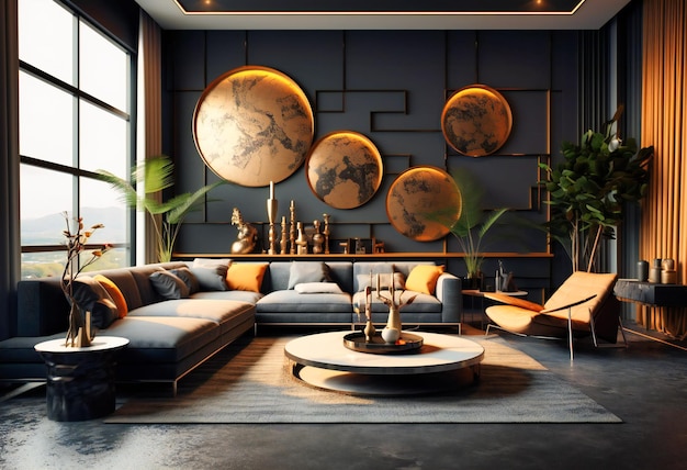 A beautiful dark gray living room decorated with golden accents