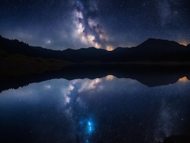 The beautiful dark lake with the reflection of milky way