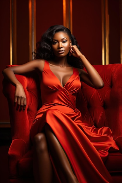 Beautiful dark skin woman in red dress in red room