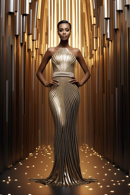 Beautiful dark skin woman in silver dress in gold room