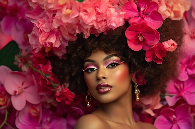 Beautiful darkskinned woman with her hair in pink flowers