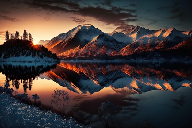 사진 호숫가에 산들과 아름다운 새벽 사진