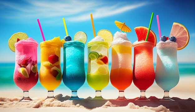 On a beautiful day a colorful array of pleasant refreshments The location is set on a beach with crystal clear waves and a bright blue Generative AI