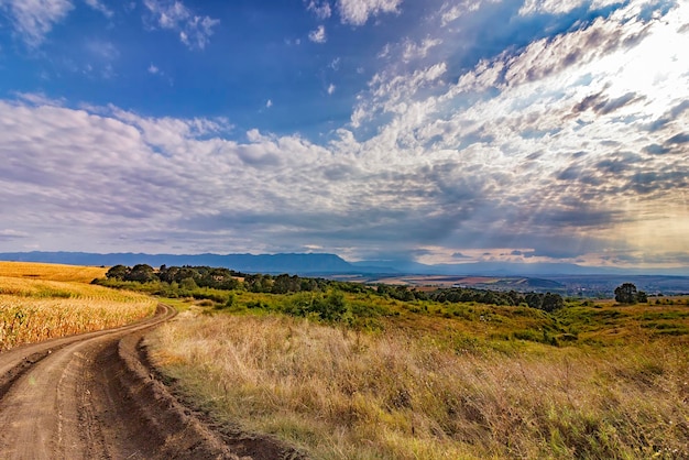 Beautiful day landscape with the country road and cloudy sky with sun rays