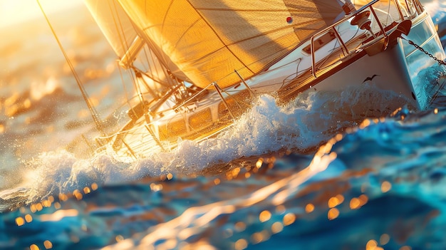 美しい日 水上で航海する 太陽が輝いて 風が帆を吹いて ボートが波を切り抜けている