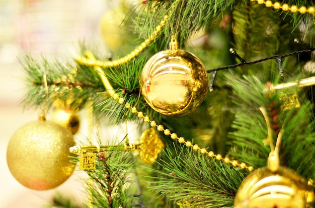 Beautiful decorated Christmas tree with balls closeup