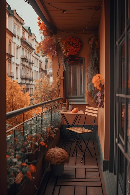 Beautiful decorated city terrace with table and decorative plants in autumn