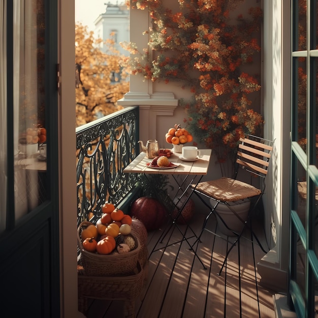 가을에는 테이블과 장식용 식물을 갖춘 아름다운 장식의 도시 테라스