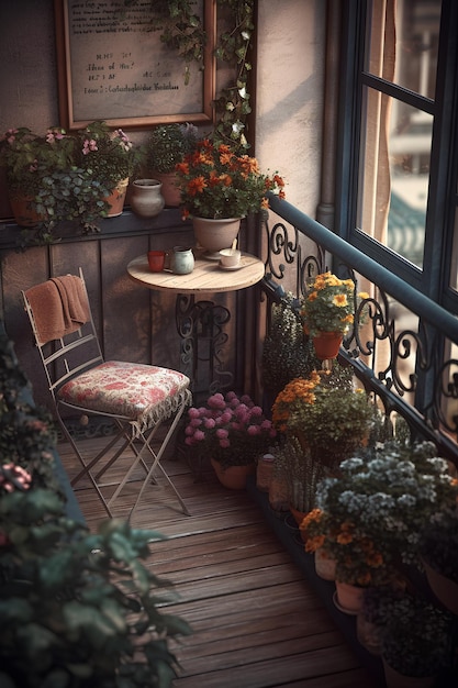 Beautiful decorated city terrace with table and decorative plants