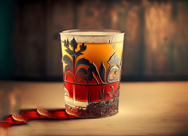 나무 테이블 에 있는 아름다운 장식 된 전통적 인 컵 에 주스 가 가득 차 있다