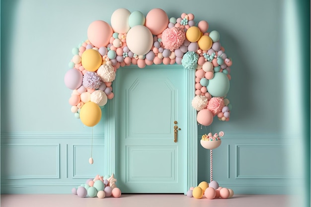 Beautiful decorations for baby shower party near color wall birthday party children Generative AI