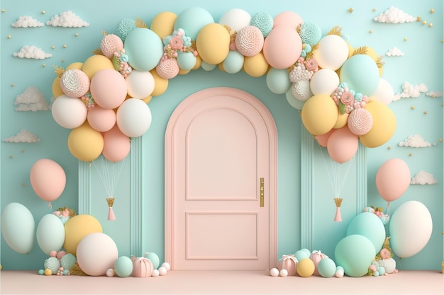 Beautiful decorations for baby shower party near color wall birthday party children Generative AI